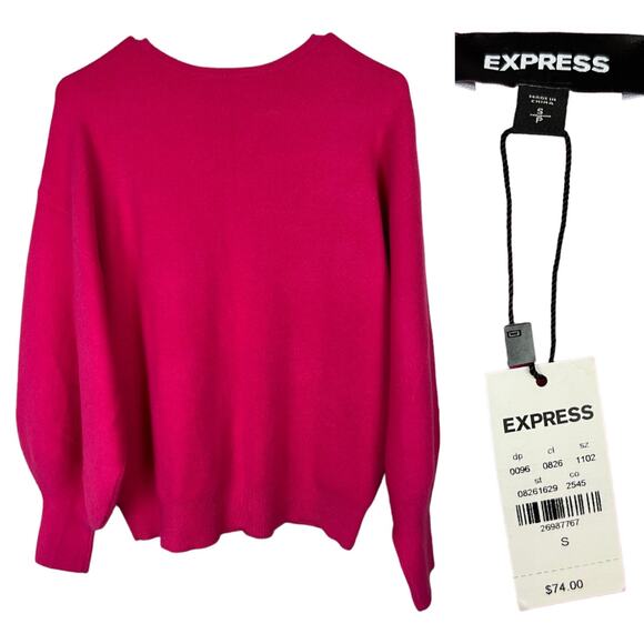 Express fuchsia pink balloon sleeve sweater knit pullover small nwt new $74 - Picture 1 of 9